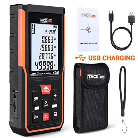 Laser Measure 131Ft Rechargeable with Electronic Angle Sensor,Backlit LCD,Mute button,Measure Distance, Area, Volume, Walls & Pythagoras, 99 Records  M/Ft/Inch Re-calibration - S5-40