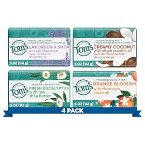 Tom's of Maine Bar Soap Variety Pack, Natural Bar Soap for Women and Men, Lavender & Shea, Fresh Eucalyptus, Creamy Coconut, Orange Blossom, 5 oz Bars (4-Pack)