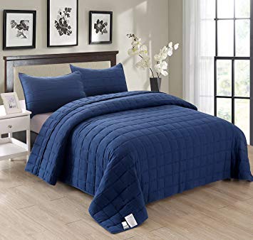 EMME Quilt Set Solid Blue Full/Queen(90''x90'') Square Pattern Lightweight Hypoallergenic Enzyme Washed Super Soft Cotton Imitation Microfiber