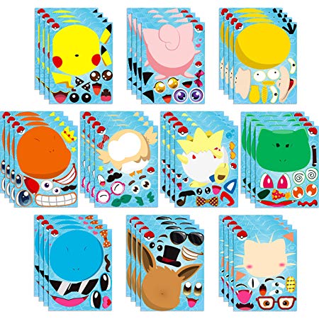 Ticiaga 40pcs Pikachu Make-a-face Stickers Sheets, Make Your Own Pikachu Stickers Fun Craft Project for Kids, 40pcs Pikachu Mix and Match Stickers for Party Favor Supplies, Class Reward, Book Decor
