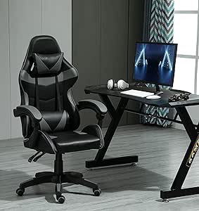 mcc direct Swivel Faux Leather Office Chair Racing Sports Gaming Tilt Computer Desk Chair with Headrest & Lumbar Cushion A (Grey)