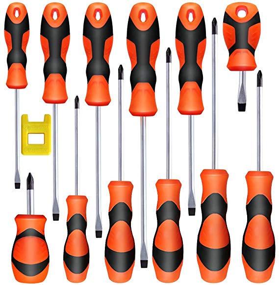 Magnetic Screwdriver Set, Newild 12 Pcs Cushion Grip 6 Phillips and 6 Flat Head with 1 Magnetic Ring, Repair Toolkit for Home Improvement Craft