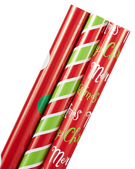 American Greetings Merry Christmas Lettering, Chevron Stripes, and Dots Christmas Wrapping Paper, 3-Roll, 40", 195 Total Sq. Ft