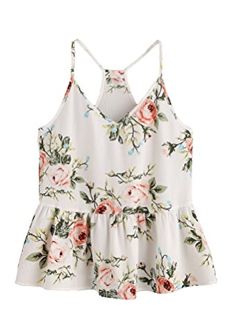 Romwe Women's Flower Print Floral Sexy Keyhole Self Tie Back Peplum Ruffle Cami Top