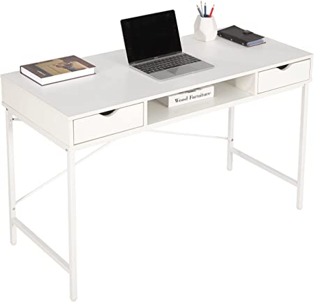 JJS 48' Writing Desk with Drawers, Contemporary Home Office Large Computer Laptop Workstation with Storage, White Drawer