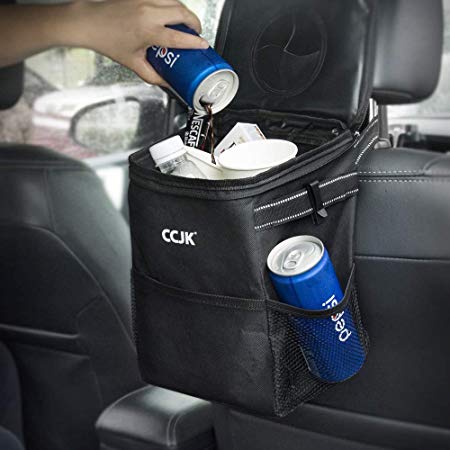 CCJK Car Trash Can with Lid and Storage Pockets, Waterproof Car Trash Bag Hanging with Adjustable Straps 100% Leak-Proof Car Organizer, Multipurpose Trash Bin for Car - Black