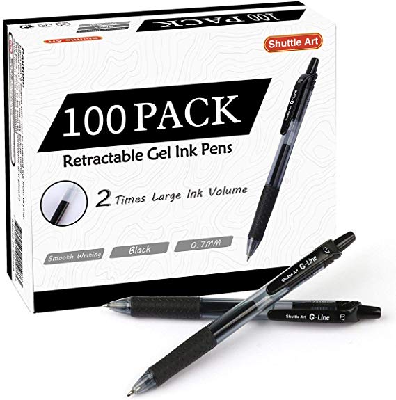 Black Gel Pens, 100 Pack Shuttle Art Retractable Medium Point Rollerball Gel Ink Pens Smooth Writing with Comfortable Grip for Office School Home Work