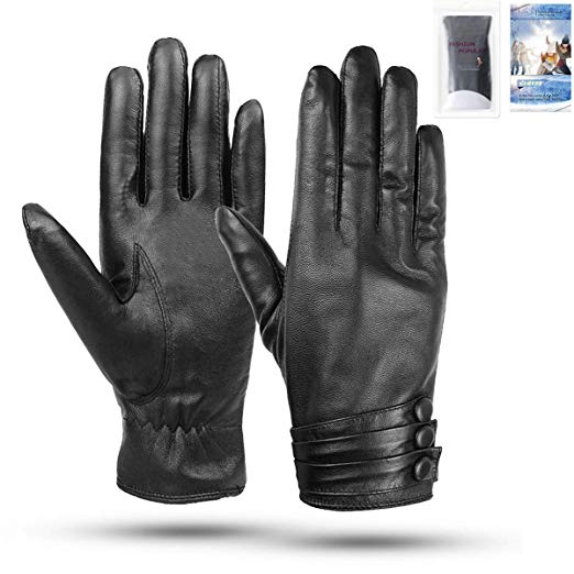 Womens Leather Gloves - Womens Touchscreen Gloves, Ladies Genuine Leather Gloves Black Mittens, Soft Warm Cashmere Lining Winter Gloves With Three Button Decoration