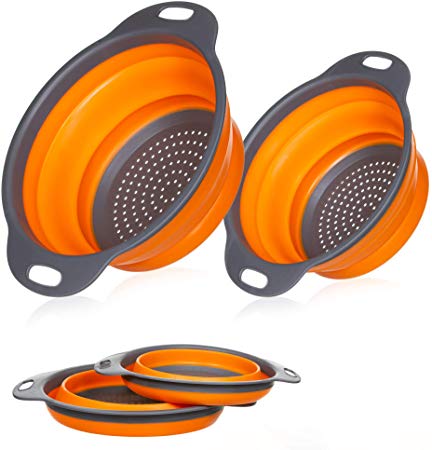Miswaki Collapsible Colanders with Handles (2 Pc. Set) Round Kitchen Sink Strainers | Heat-Resistant Silicone | Stackable, Space-Saving Design | Pasta, Vegetables, Hot Water (Orange)