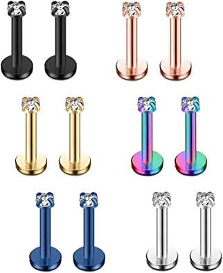 Ruifan 6PRS(12PCS) 16G 2mm 3mm 4mm Clear Cubic Zirconia Labret Monroe Lip Ring Tragus Helix Earring Stud Barbell Piercing Jewelry Bar Length 8mm