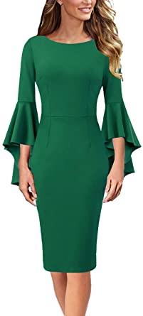 VFSHOW Womens Ruffle Bell Sleeves Business Cocktail Party Bodycon Sheath Dress