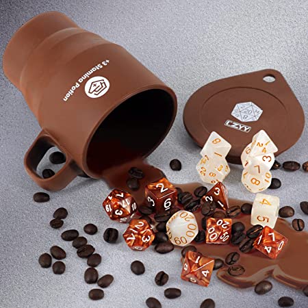 DND Coffee & Sugar Themed Dice Set (14 PCS) with  3 Stamina Potion Silicone Mug for Storage, 7 Acrylic Resin Polyhedral Gaming Dice for Dungeons and Dragons, Pathfinder and Tabletop RPG