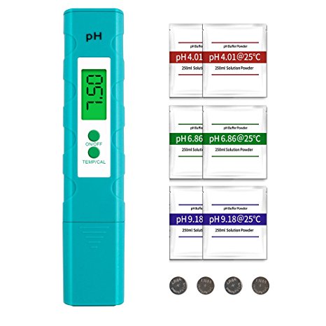 MAOZUA PH and Temperature Meter Automatic Calibration PH Tester Water Quality Tester with Backlit LCD Display 6 Set of PH Buffer Powder,±0.01pH High Accuracy,0.00-14.00 Measurement Range and 0.01 Resolution Measure for Household Drinking Water Hydroponic Aquarium Spa Pool (Blue)