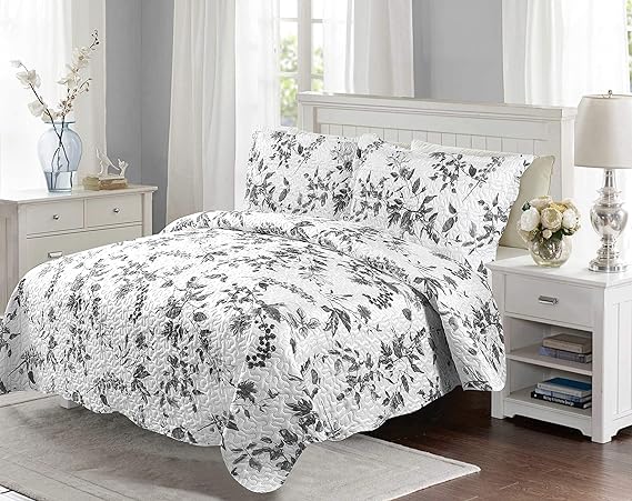 Marina Decoration Rich Printed Embossed Pinsonic Coverlet Bedspread Ultra Soft 3 Piece Summer Quilt Set with 2 Quilted Shams, Grey Chrysanthemum Floral Branches Pattern King Size