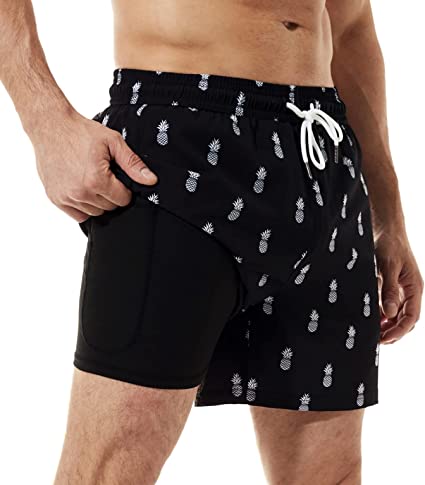 BRISIRA Swim Trunks Men Quick Dry Swim Shorts 5 inch Inseam Stretch Water Beach Shorts with Compression Liner Zipper Pocket