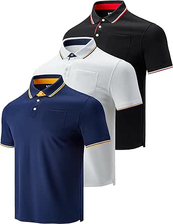 3-Pack Men's Performance Dry Fit Tech Golf Polo Shirts with Chest Pocket, Short Sleeve Active T Shirts