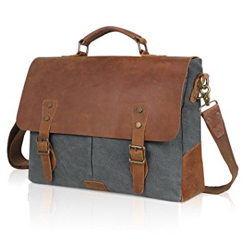 Lifewit Men Briefcase Leather Canvas Laptop Satchel Messenger Work Bag Fit up to 15.6-inch , Grey