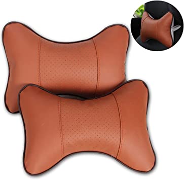 Lurowo 2 Pack PU Leather Car Neck Pillow Pad Breathable Auto Seat Head Neck Rest Cushion Headrest Support Car Interior Accessories,Brown