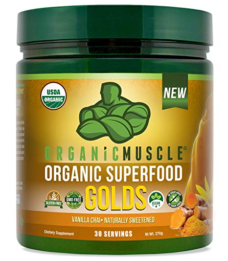 Certified Organic Superfood Golds Powder | Tumeric Golden Milk Blend of 12 Superfoods for Detox, Deeper Sleep, Relaxation & Recovery | Vegan, Keto, Non-GMO | Vanilla Chai | 30 Serv | ORGANIC MUSCLE