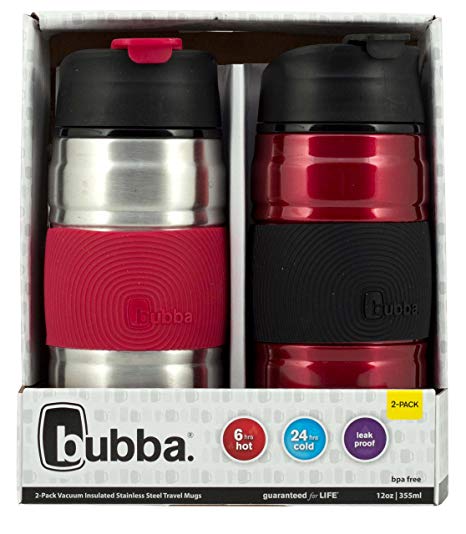 Bubba Hero Grip Stainless Steel Travel Mugs, 12 oz, SS/Cranberry & Cranberry/Black, 2-Pack