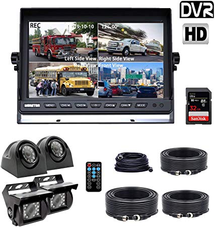 DOUXURY Backup Camera System, 4 Split Screen 9'' Quad View Display HD Monitor with DVR Recording Function, Waterproof Night Vision Cameras x 4 for Truck Trailer Heavy Box Truck RV Camper Bus