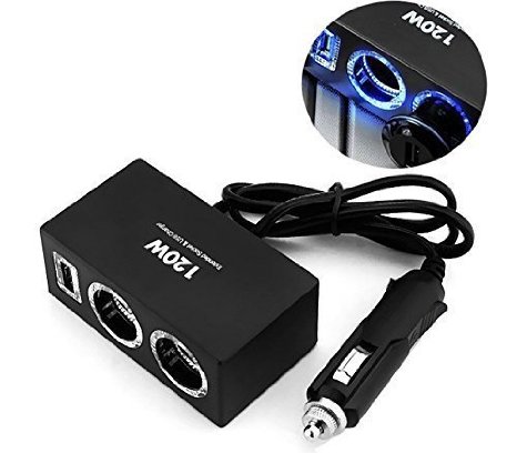 Deli 120W Twin Socket Adapter with USB Charger - LED USB Car Charger Power Supply Adapter Cigarette Lighter Extender Splitter with Blue Light Black
