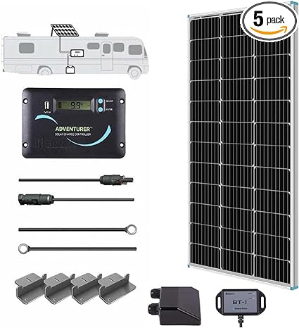 Renogy 100 Watts 12 Volts Monocrystalline Solar RV Kit Off-Grid Kit with Adventurer 30A PWM LCD Charge Controller  Mounting Brackets  Male and Female Connectors Solar Cables Cable Entry housing