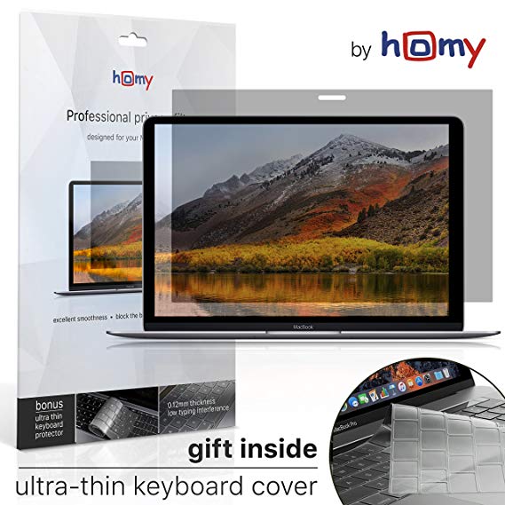 Homy Thinnest Privacy Screen Protector for MacBook Pro 13 inch (2016 or Later) / New Air Retina with Touch ID (2018 or Later). BONUS: Keyboard Cover Ultra-Thin TPU Skin. Easy On-Off Anti Spy Security Filter for A1706, A1989 Touch Bar, A1708, A1932 Models Compatible.