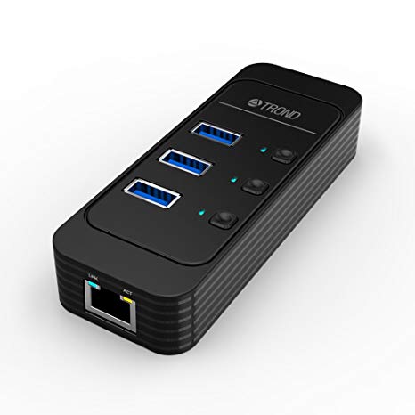 TROND D5 3-Port USB 3.0 Hub with 10/100/1000 Gigabit Ethernet Converter (Individual Power Switches & LED Indicators, 3.9 ft Detachable USB Data Cable)