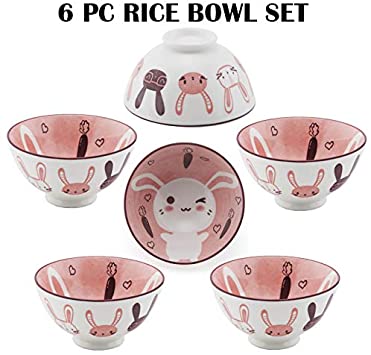 Hinomaru Collection Oriental Japanese style Set of 6 Ceramic Donburi Rice Bowl Tayo Multi Purpose 4.5" Dia x 2.25" H (Rabbit)