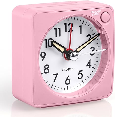 Vicloon Mini Size Alarm Clock, Silent Alarm Clock, No Ticking Battery Powered Bedside Clocks, Bedroom Alarm Clock with Snooze and Night Light for Bedroom, Office, Kitchen (Battery not included)-Pink