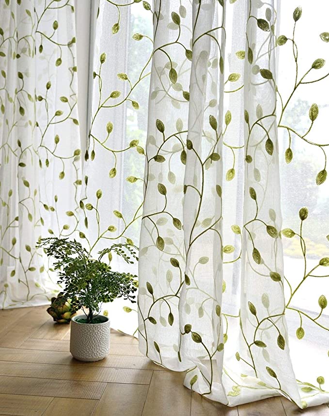 TIYANA Ivy Leaf Embroidered Sheer Panel 84 inch Long Window Crushed Gauze Room Curtain Voile Tulle Window Drapery Rod Pocket (1 Panel, Green Leaf White Sheer, W40 x L84 inch)