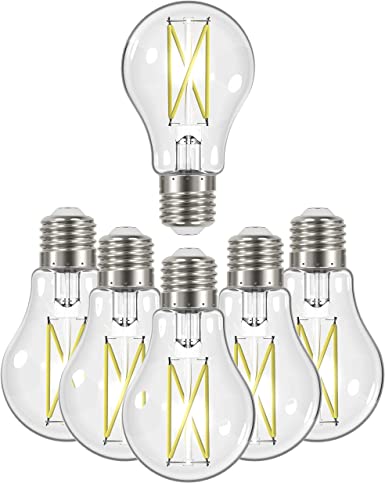 Satco (6 Pack) Dimmable Led Filament Lamps, S12416, High Lumens, 8 Watt, A19; Clear; Medium Base; 3500K; 90 CRI; 120 Volt for use at Residential, Hospitality, Display and Commercial