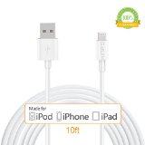 Apple Cable Apple MFI Certified Lightning Cable- Kinps 10ft3m Extra Long 8 pin Lightning Sync and Charge Cable with Compact Connector for iPhone 5  5s  5c  6  6 Plus  6s  6s Plus iPod 7 iPad mini  mini 2 mini 3 iPad Air  iPad Air 2 10FT- White- 1pack