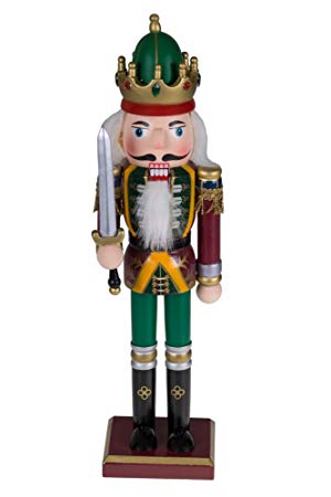 Traditional King Nutcracker | Red, Green and Yellow Uniform | Holding Drawn Sword | Classic Collectible Nutcracker | Festive Christmas Decor | Perfect for Shelves and Tables | 100% Wood | 12" Tall