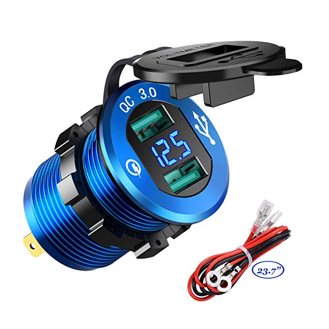YonHan Quick Charge 3.0 Dual USB Charger Socket, Waterproof Aluminum Power Outlet Fast Charge with LED Voltmeter & Wire Fuse DIY Kit for 12V/24V Car Boat Marine ATV Bus Truck and More - Deep Blue