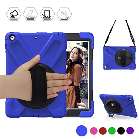 New iPad 2018/2017 Case, BRAECN Heavy Duty Full-body Rugged PC Silicone Case Cover with a 360 Degree Rotation Stand/ a Hand Strap/ a Shoulder Strap For iPad 9.7 inch 2018 / 2017 Released (Blue)