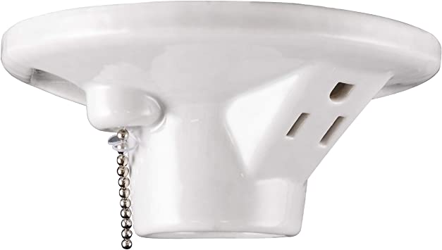 GE Porcelain Lampholder, Grounded with Pull Chain, White 18305