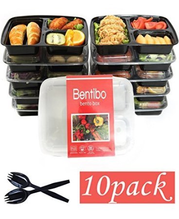 Bentibo 10 Pack 3 Compartment Meal Prep Food Storage Containers with Lids/Portion Control Bento Lunch Box Container Set/Dishwasher Microwave Safe Cover with Plates Dividers Free Cutlery(36oz)