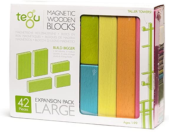Tegu 42 Piece Magnetic Wooden Building Block Toy Set Expansion Pack Large Tints (Girl-Boy Educational STEM Gift For Ages 1, 2, 3, 4, 5, 6  Years Old)
