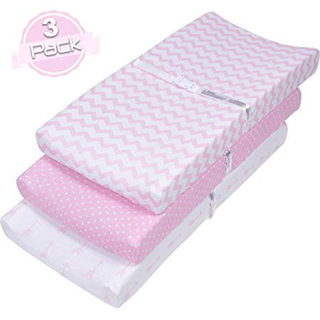 Changing Pad Cover Set for GIRLS | Cradle Bassinet Sheets/Change Table Covers for Boys & Girls | Super Soft 100% Jersey Knit Cotton | Pink and White | 150 GSM | 3 Pack
