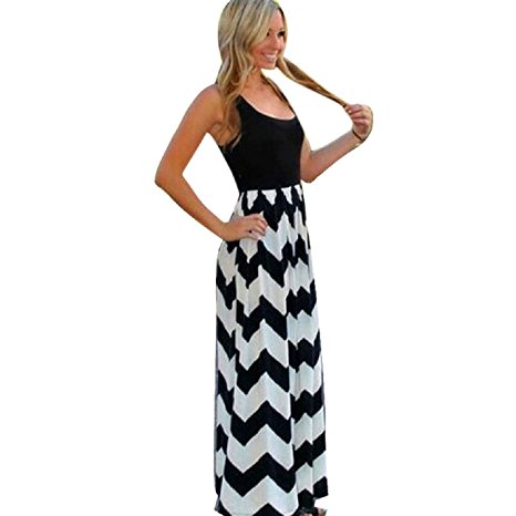 Newfits Womens Striped Zig Zag Scoop Neck Chevron Print Tank Maxi Long Dress BlackA Small