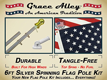 Grace Alley Wind Resistant / Rust Free Aluminum Flag Pole Kit Bundle with US Flag, Flagpole and Flagpole Bracket, 6-Feet, Silver