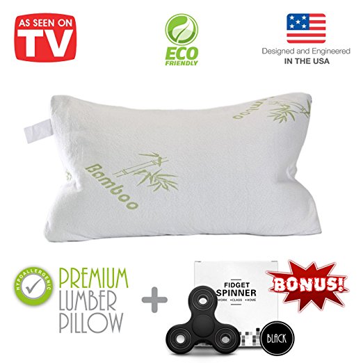 Premium Bamboo Lumber Pillow For Kids - Orthopedic Shredded Memory Foam Travel Pillow Cervical Support For Neck, Toddler Pillow With Case   Free Gift - Black Fidget Spinner