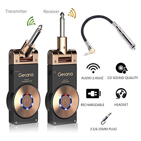 Getaria Wireless Guitar System Rechargeable Digital Transmitter Receiver Set for Electric Guitar Bass with 3.5mm to 6.35 mm (1/4 inch) Male to Female Stereo cables