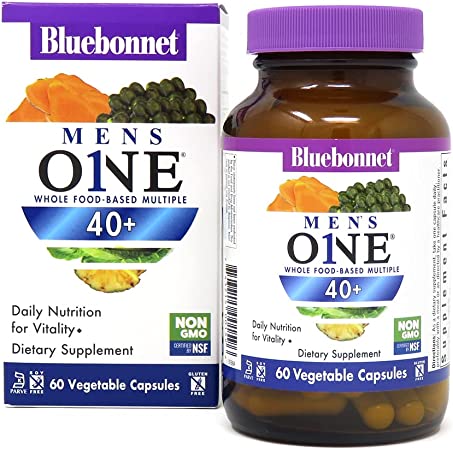 Bluebonnet Nutrition Mens' ONE 40  Whole Food-Based Multiple, Men Multivitamin for Men 40 , Soy-Free, Non-GMO, Gluten Free, Kosher, 60 Vegetable Capsules, 60 Servings