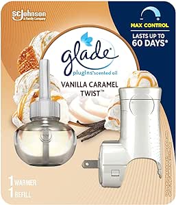 Glade PlugIns Air Freshener Starter Kit, Scented and Essential Oils for Home and Bathroom, Vanilla Caramel Twist, 1 Warmer 1 Refill