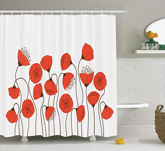 Ambesonne Poppy Decor Shower Curtain Set, Poppy Flowers Blossom Art Deco Style Summertime Garden Modern Repetition, Bathroom Accessories, 75 Inches Long