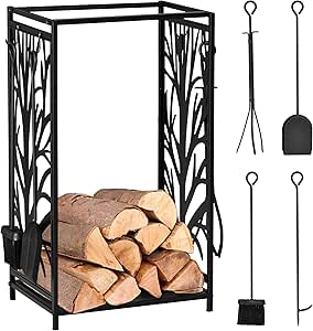 HOMCOM Steel Firewood Log Holder Indoor Outdoor Firewood Rack Fireplace Wood Storage Shelf with 4 Tools, Hooks, Tree Pattern Design, Rust-Resistant, Black, 46W x 30D x 70H cm