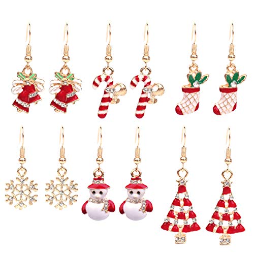 Paxuan Womens Girls Cute 6 Pairs Christmas Drop Dangle Earrings Jewelry Sets for Christmas Womens Girls Kids (6 Pairs)